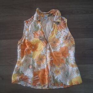 Evelyn 60’s Floral‎ print linen blend button up tank Women’s 12 Flowers Summer